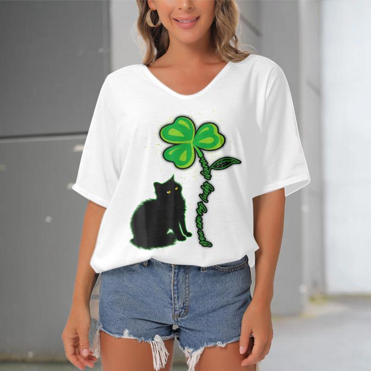 St Patricks Day Black Cat My Lucky Charm Women's Bat Sleeves V-Neck Blouse