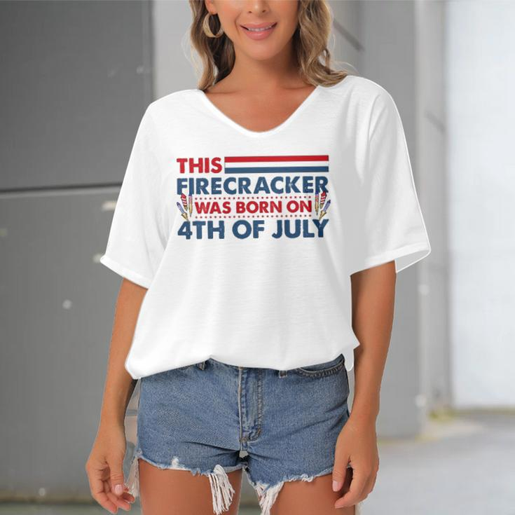 This Firecracker Was Born On 4Th Of July Patriotic Birthday Women's Bat Sleeves V-Neck Blouse