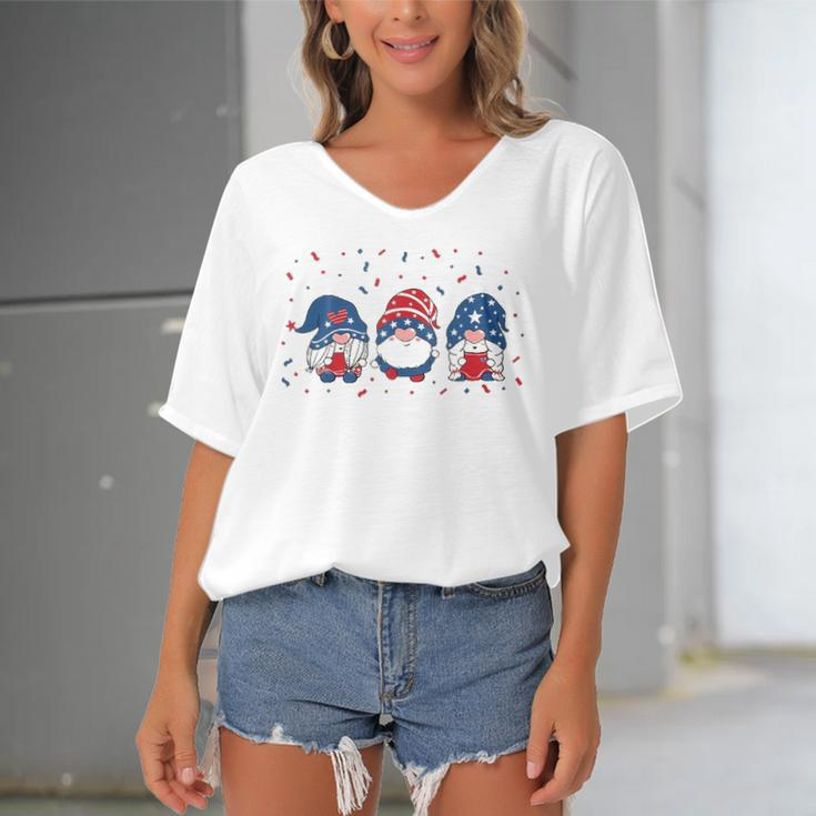 Three Gnomes Celebrating Independence Usa Day 4Th Of July Women's Bat Sleeves V-Neck Blouse