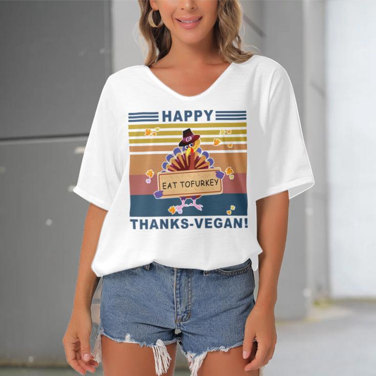 Turkey Happy Thanks Vegan Turkey Vintage Retro Women's Bat Sleeves V-Neck Blouse