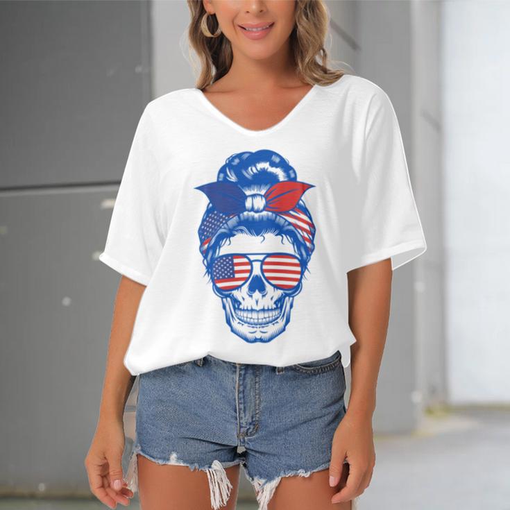 Ultra Maga Red White Blue Skull Women's Bat Sleeves V-Neck Blouse