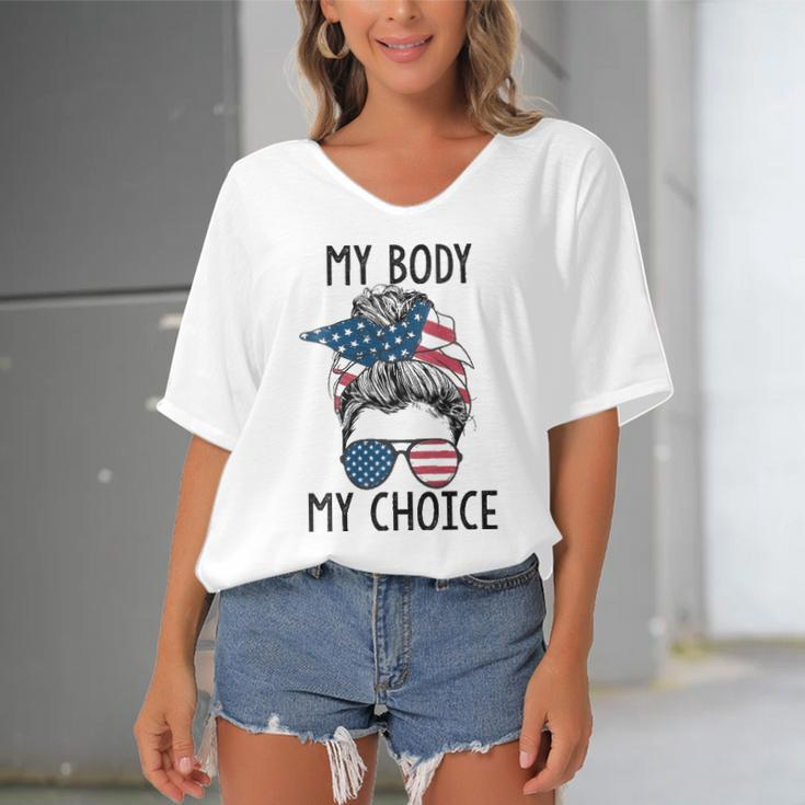 Womens My Body My Choice Pro Choice Messy Bun Us Flag Feminist Women's Bat Sleeves V-Neck Blouse