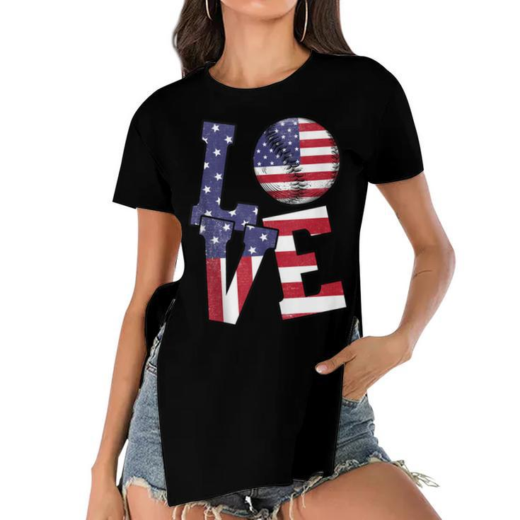 4Th Of July Love Baseball Patriotic Usa Flag For Dad Mom  Women's Short Sleeves T-shirt With Hem Split