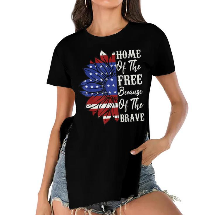 4Th Of July Sunflower Home Of The Free Because Of The Brave  Women's Short Sleeves T-shirt With Hem Split