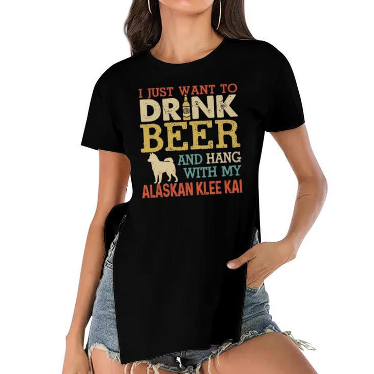 Alaskan Klee Kai Dad Drink Beer Hang With Dog Funny Vintage Women's Short Sleeves T-shirt With Hem Split