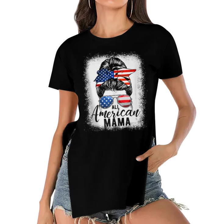 All American Mama Proud Mom Messy Bun Patriotic 4Th Of July  Women's Short Sleeves T-shirt With Hem Split