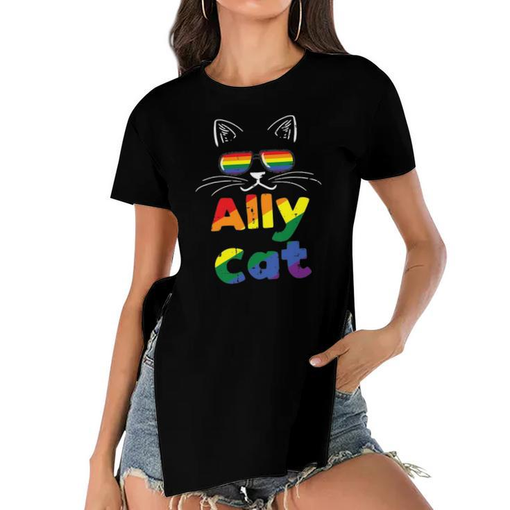 Ally Cat Pride Month Straight Ally Gay Lgbtq Lgbt Women Women's Short Sleeves T-shirt With Hem Split