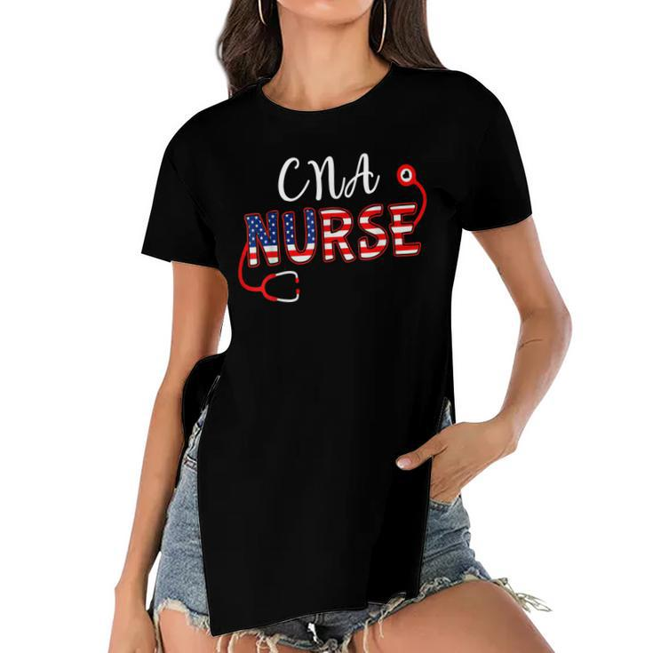 American Flag Cna Nurse Stethoscope 4Th Of July Patriotic  Women's Short Sleeves T-shirt With Hem Split