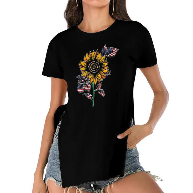 American Flag Sunflower Design Patriotic Usa Flag Sunflower Women's Short Sleeves T-shirt With Hem Split
