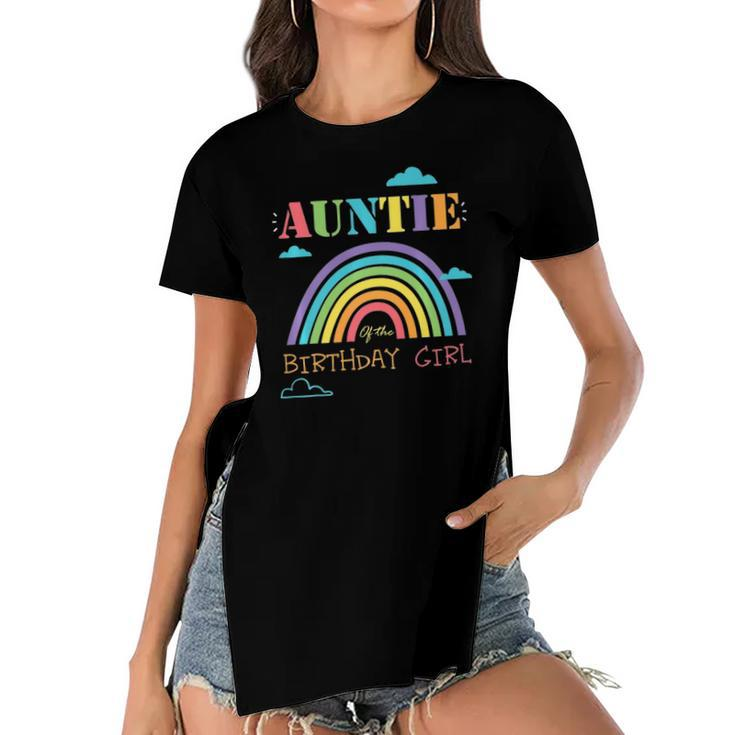 Auntie Of The Birthday Girl Rainbow Theme Matching Family  Women's Short Sleeves T-shirt With Hem Split