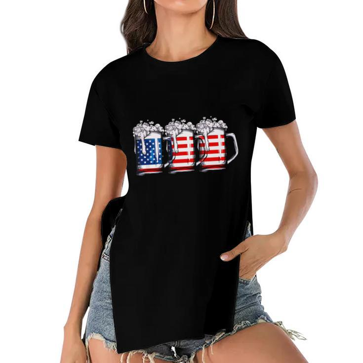 Beer American Flag 4Th Of July Independence Day  Women's Short Sleeves T-shirt With Hem Split