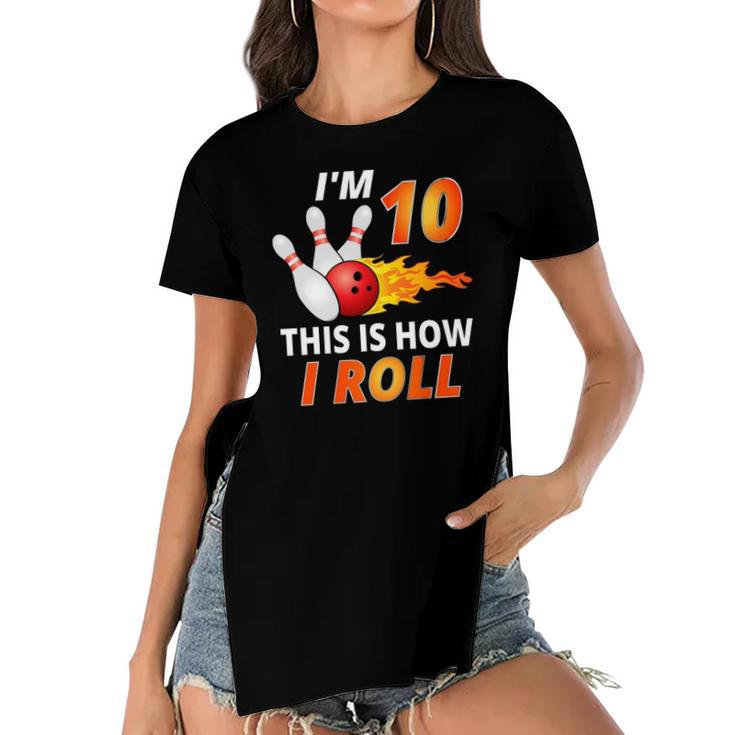 Bowling Birthday 10 Years Old Boy Tee Funny Bowler Girl Kids Women's Short Sleeves T-shirt With Hem Split