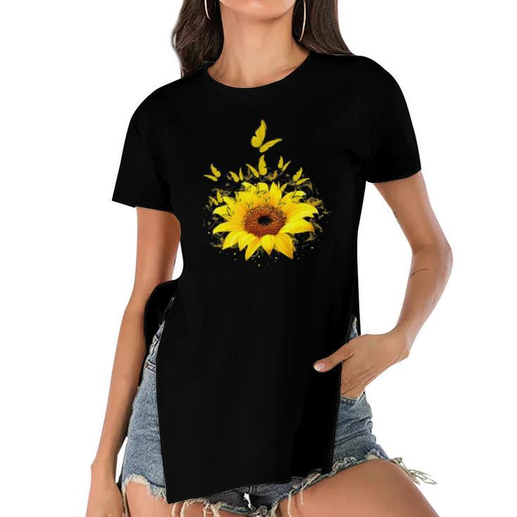 Butterflies Sunflower Smoke Women's Short Sleeves T-shirt With Hem Split
