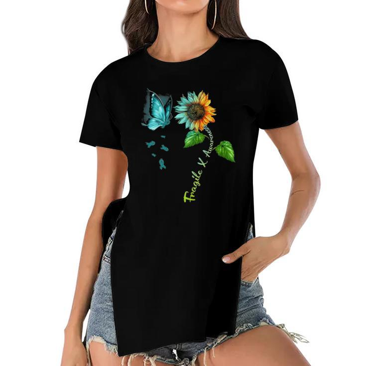 Butterfly Sunflower Fragile X Awareness Syndrome Women's Short Sleeves T-shirt With Hem Split
