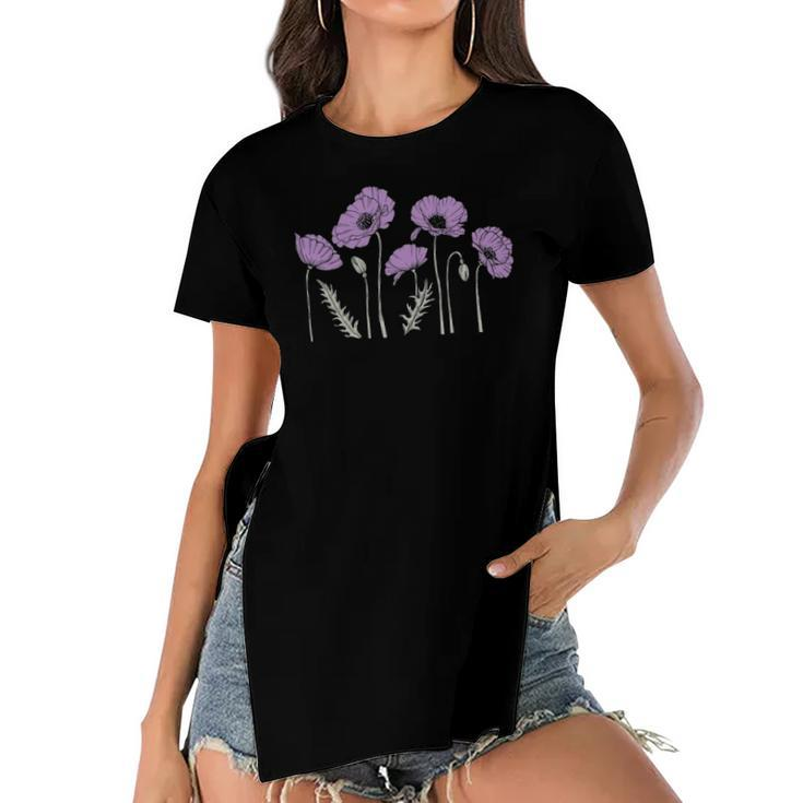 Casual Purple Poppy Flowers Graphic  For Women Women's Short Sleeves T-shirt With Hem Split