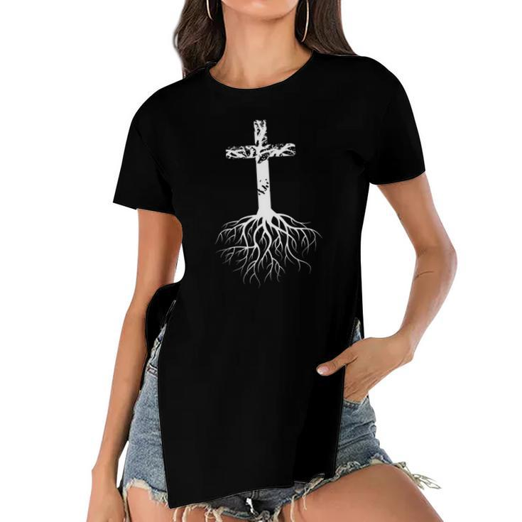 Christian Cross Roots Faith Women's Short Sleeves T-shirt With Hem Split