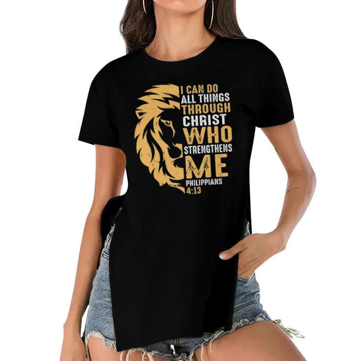 Christian I Can Do All Things Through Christ Lion Faith Women's Short Sleeves T-shirt With Hem Split