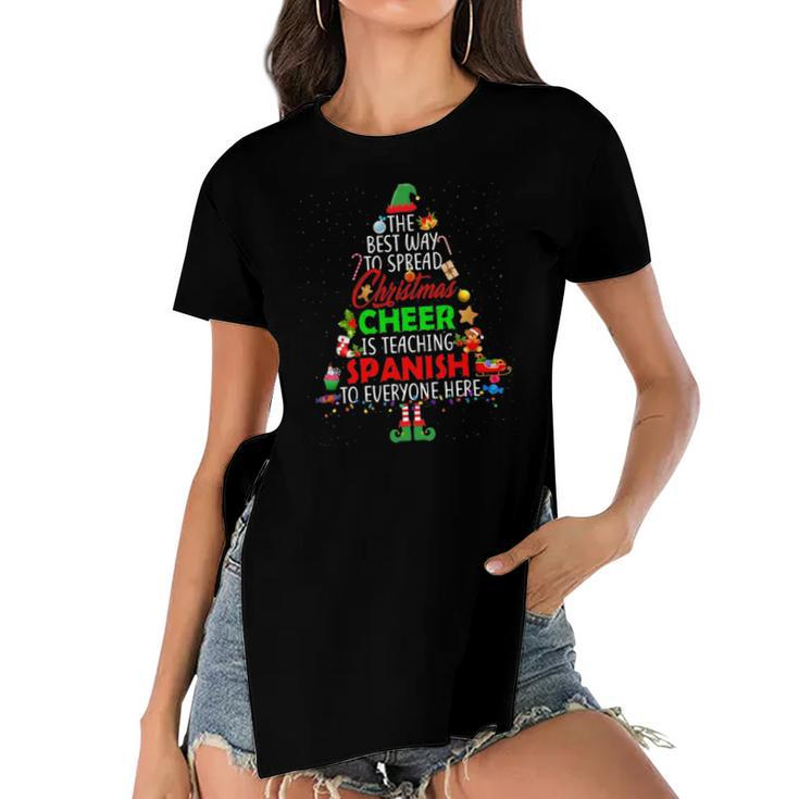 Christmas Cheer Is Teaching Spanish Santa Elf Teacher Group Women's Short Sleeves T-shirt With Hem Split
