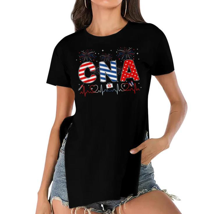 Cna 4Th Of July American Flag Patriotic Usa Stethoscope  Women's Short Sleeves T-shirt With Hem Split