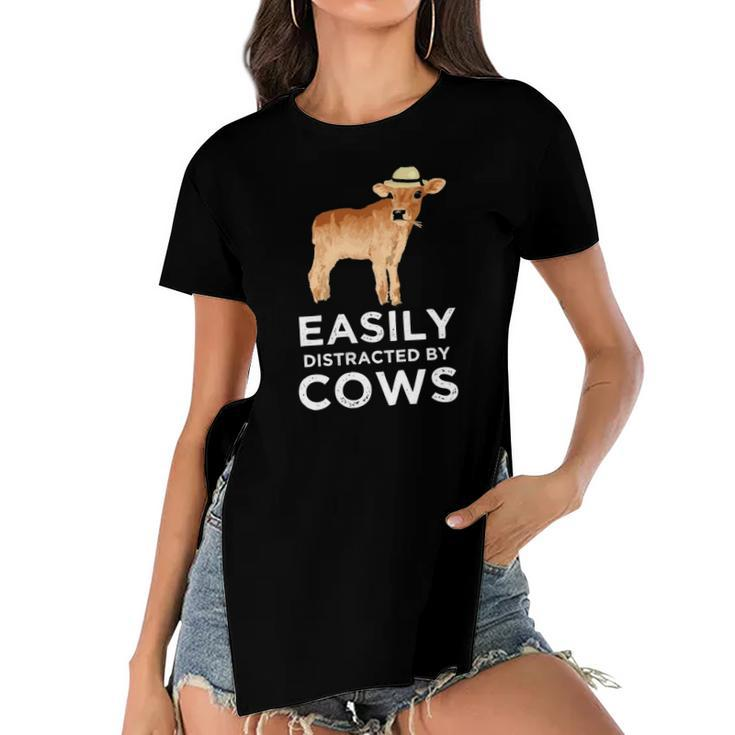 Cow Gifts For Women & Girls Cute Easily Distracted By Cows  Women's Short Sleeves T-shirt With Hem Split