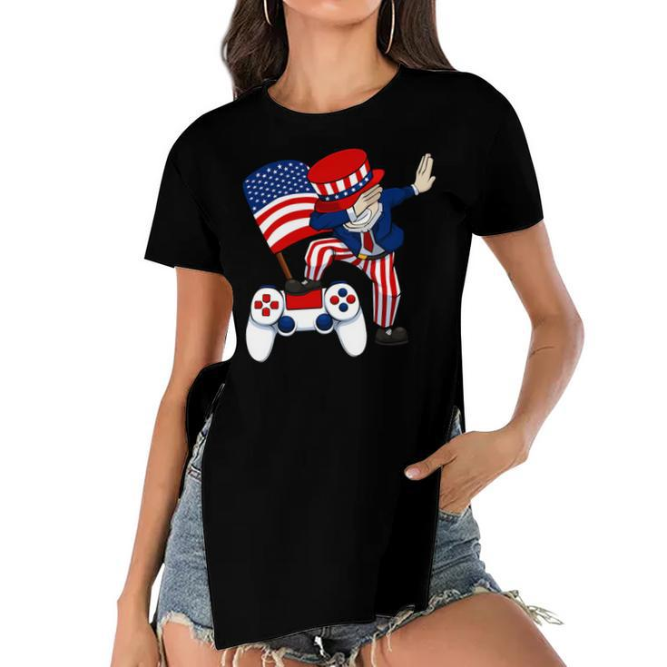 Dabbing Patriotic Gamer 4Th Of July Video-Game Controller T-Shirt Women's Short Sleeves T-shirt With Hem Split