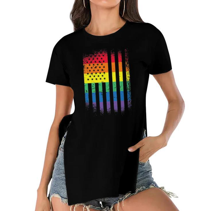 Distressed Rainbow Flag Gay Pride Rainbow Equality Women's Short Sleeves T-shirt With Hem Split