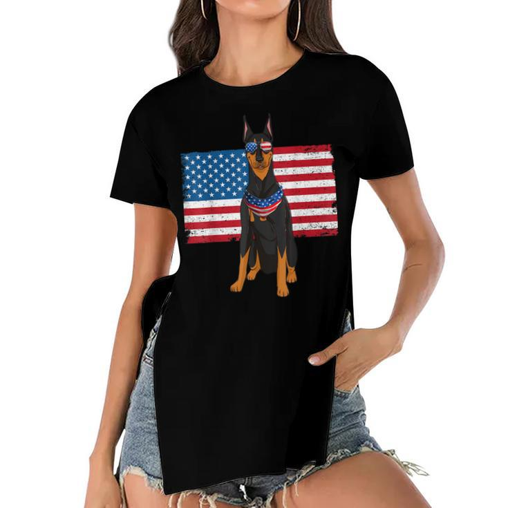 Doberman Dad & Mom American Flag 4Th Of July Usa Funny Dog  Women's Short Sleeves T-shirt With Hem Split