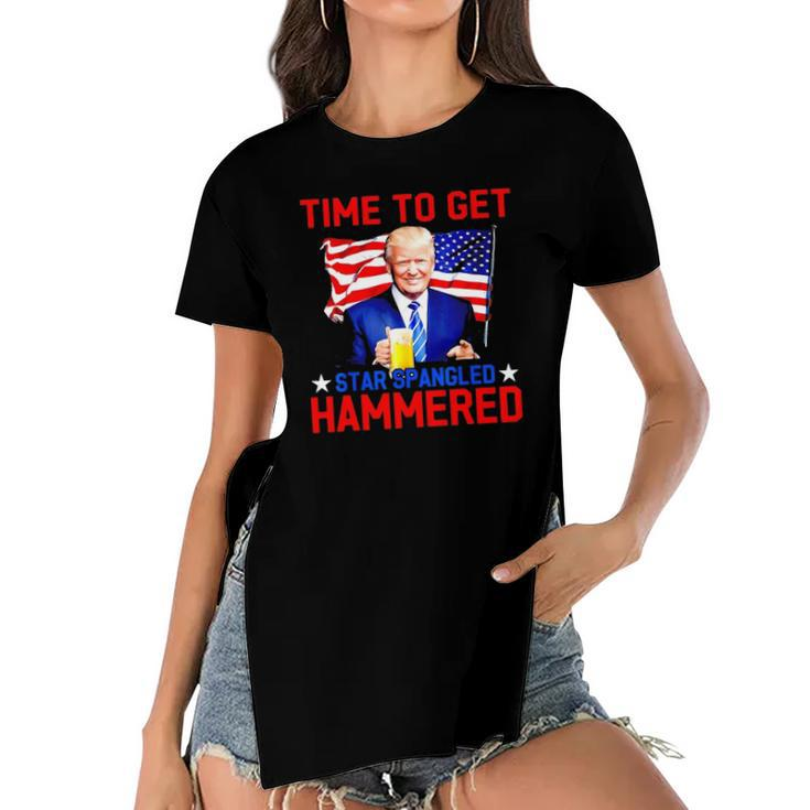 Donald Drunk Trump 4Th Of July Drinking Presidents Usa Flag Women's Short Sleeves T-shirt With Hem Split