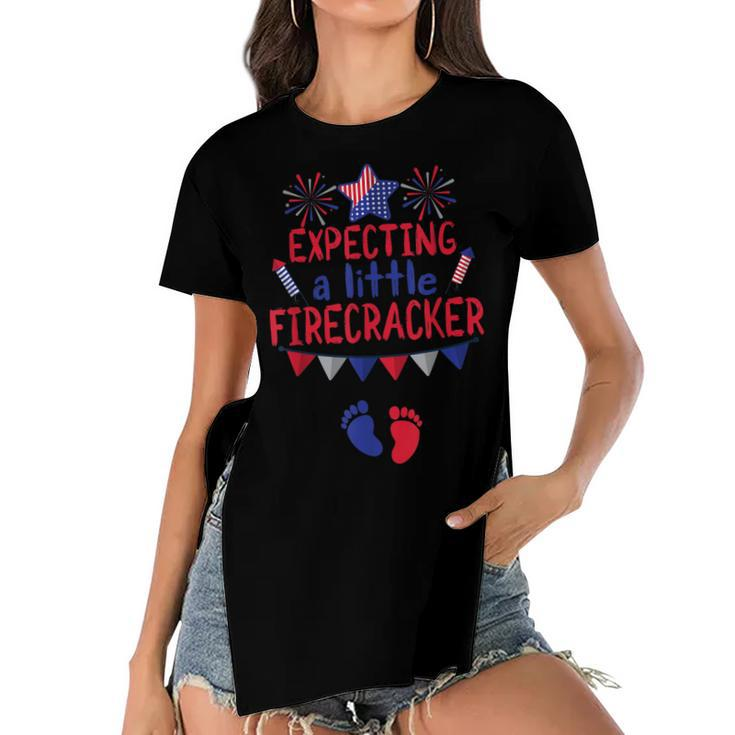 Expecting A Little Firecracker 4Th Of July Pregnancy  Women's Short Sleeves T-shirt With Hem Split