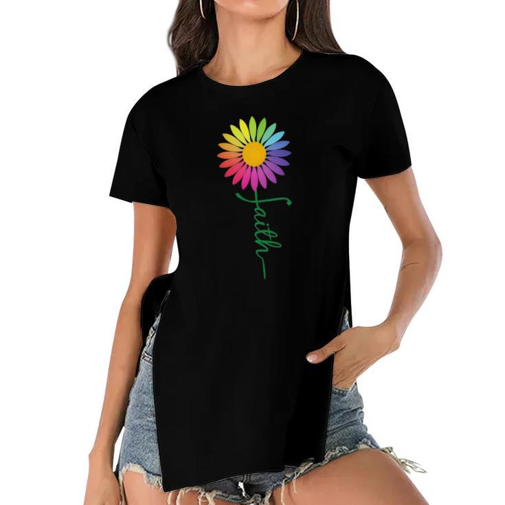 Faith Cross Flower Rainbow Christian Gift Women's Short Sleeves T-shirt With Hem Split