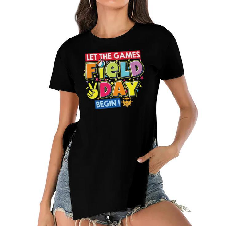 Field Day Let The Games Begin Kids Teachers Field Day 2022 Smile Face Women's Short Sleeves T-shirt With Hem Split