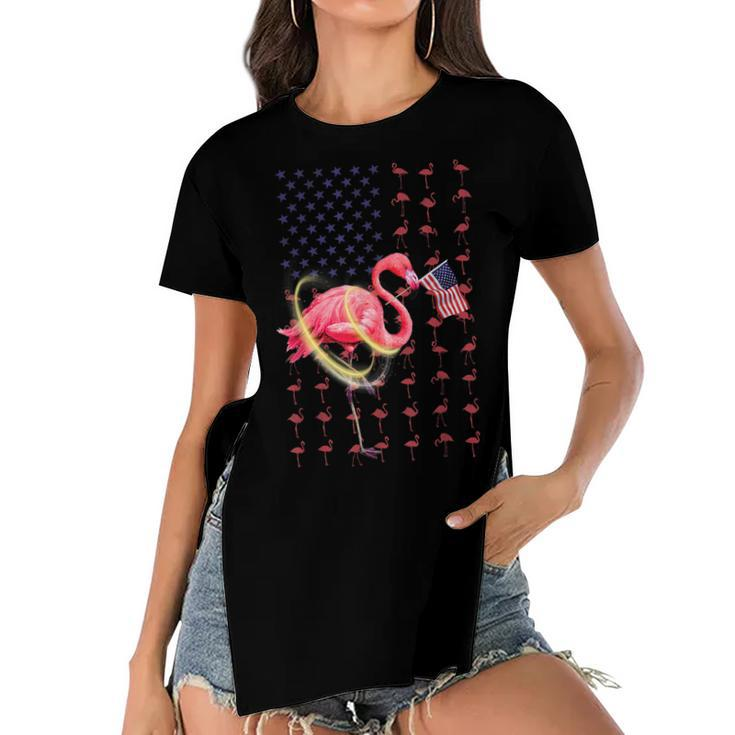 Flamingo American Usa Flag 4Th Of July Funny Patriotic   Women's Short Sleeves T-shirt With Hem Split