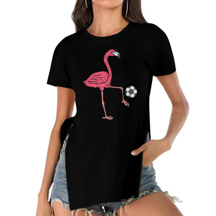 Flamingo Playing Soccer Football Player Men Women Kids Women's Short Sleeves T-shirt With Hem Split