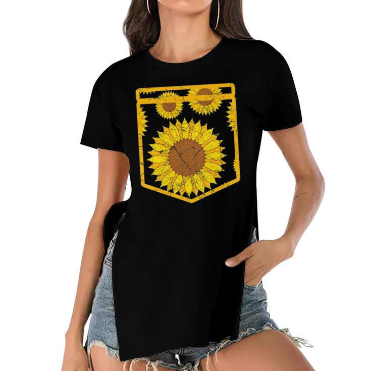 Florist Floral Cute Yellow Flower Pocket Sunflower Women's Short Sleeves T-shirt With Hem Split