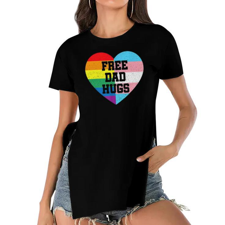 Free Dad Hugs Lgbt Pride Supporter Rainbow Heart For Father Women's Short Sleeves T-shirt With Hem Split