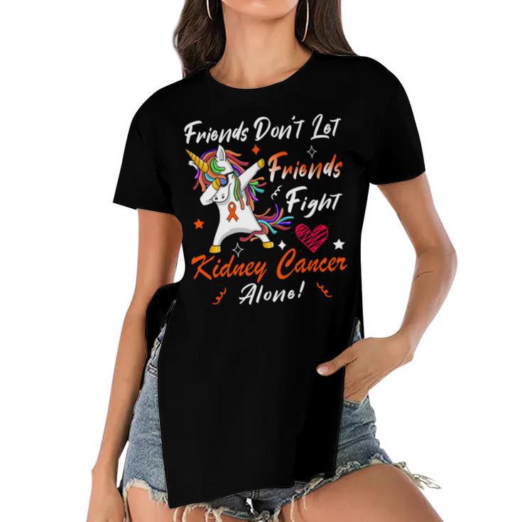 Friends Dont Let Friends Fight Kidney Cancer Alone  Unicorn Orange Ribbon  Kidney Cancer  Kidney Cancer Awareness Women's Short Sleeves T-shirt With Hem Split