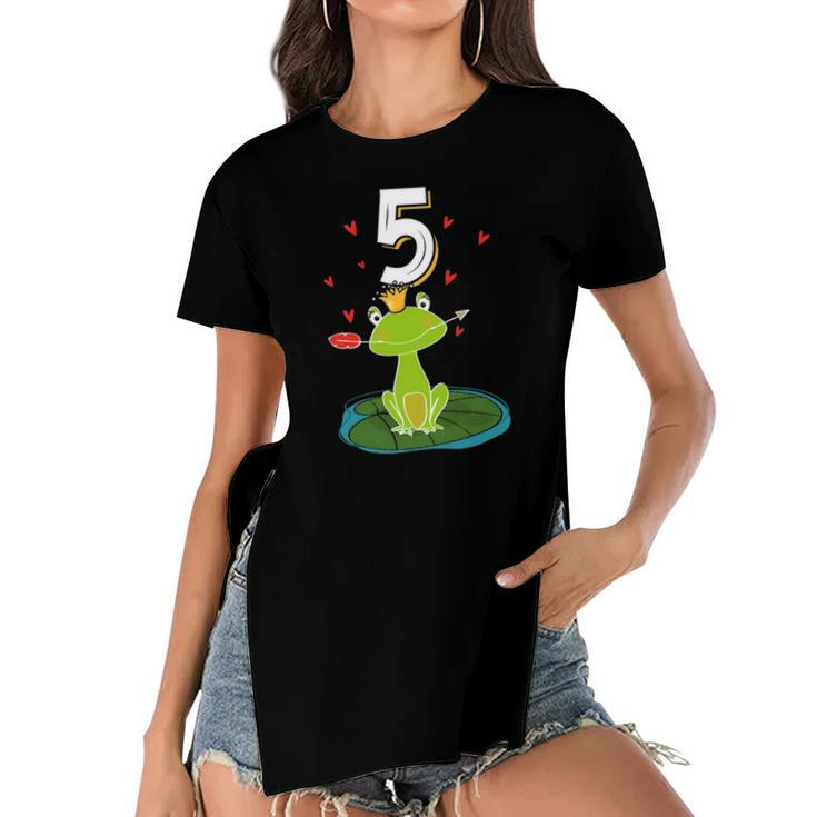 Frog Animal Lovers 5Th Birthday Girl B-Day 5 Years Old Women's Short Sleeves T-shirt With Hem Split