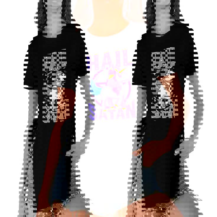 Funny Hail Satan Unicorn Rainbow Satanic Heavy Metal Pun Women's Short Sleeves T-shirt With Hem Split