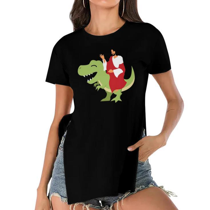 Funny Parody Jesus Riding Dinosaur Cute Meme Dino Gift Women's Short Sleeves T-shirt With Hem Split