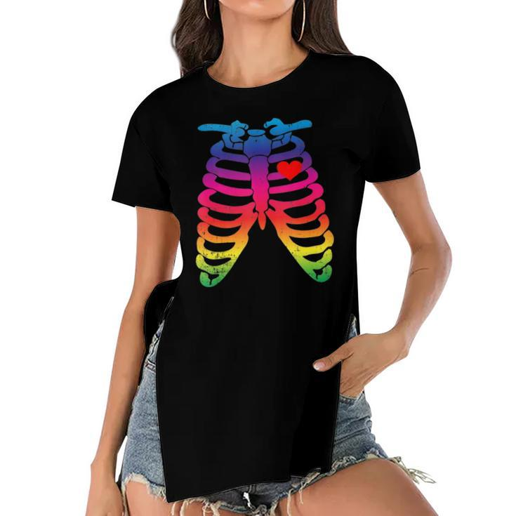 Gay Rainbow Pride Lgbt Halloween Skeleton Design  Women's Short Sleeves T-shirt With Hem Split