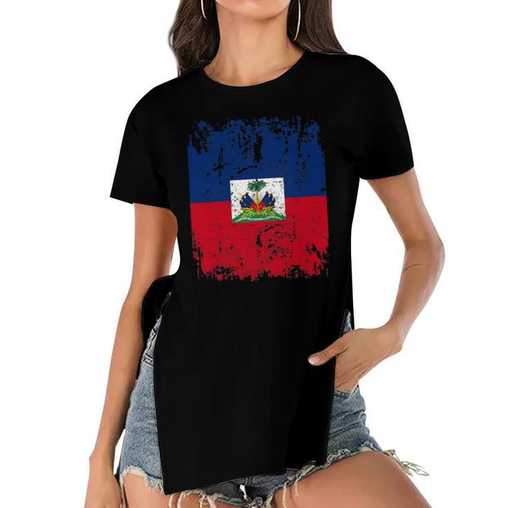 Haiti Flag Vintage Men Women Kids Haiti Women's Short Sleeves T-shirt With Hem Split