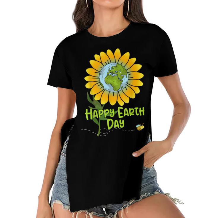 Happy Earth Day Every Day Sunflower Kids Teachers Earth Day  Women's Short Sleeves T-shirt With Hem Split