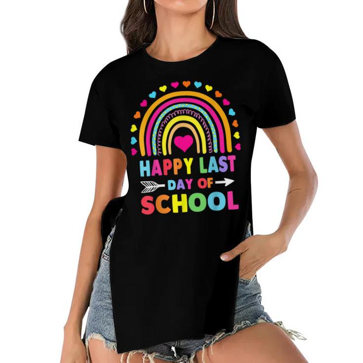 Happy Last Day Of School Teacher Student Graduation Rainbow Women's Short Sleeves T-shirt With Hem Split