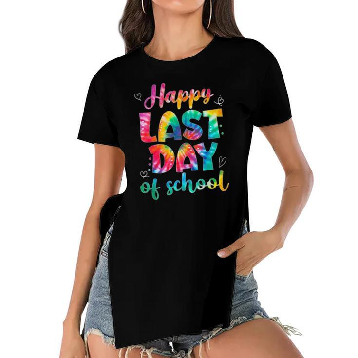 Happy Last Day Of School Teacher Student Graduation Tie Dye Women's Short Sleeves T-shirt With Hem Split