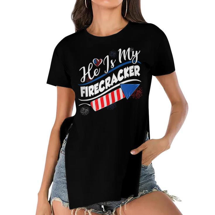 He Is My Firecracker 4Th Of July Funny Matching Couples  Women's Short Sleeves T-shirt With Hem Split