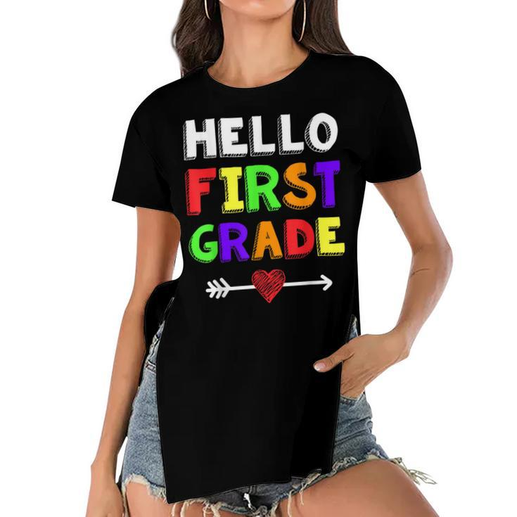 Hello First Grade Team 1St Grade Back To School Teacher Kids  Women's Short Sleeves T-shirt With Hem Split