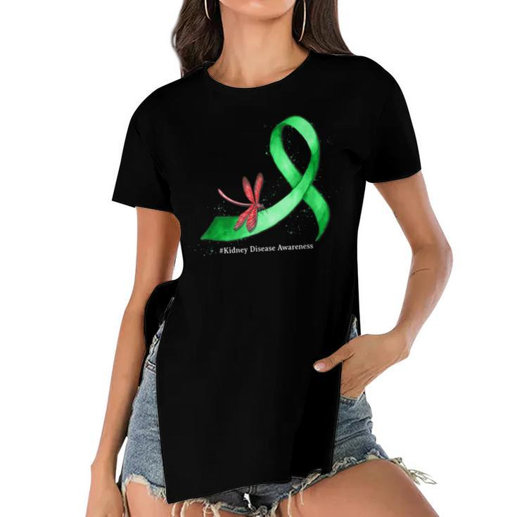 Hippie Dragonfly Green Ribbon Kidney Disease Awareness  Women's Short Sleeves T-shirt With Hem Split