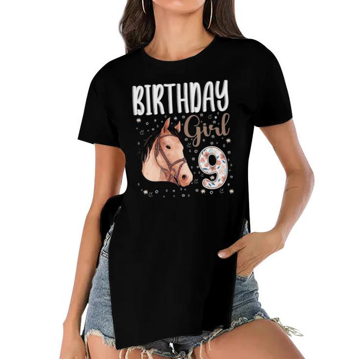 Horse Animal Lovers 9Th Birthday Girl B-Day 9 Years Old Women's Short Sleeves T-shirt With Hem Split