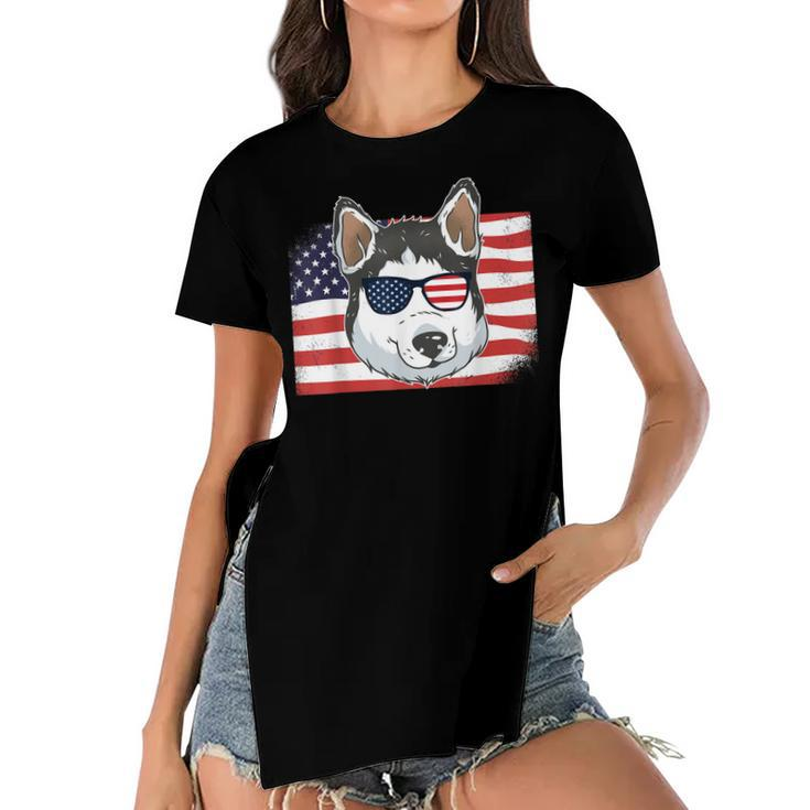 Husky Dad & Mom American Flag 4Th Of July Usa Siberian Husky  Women's Short Sleeves T-shirt With Hem Split