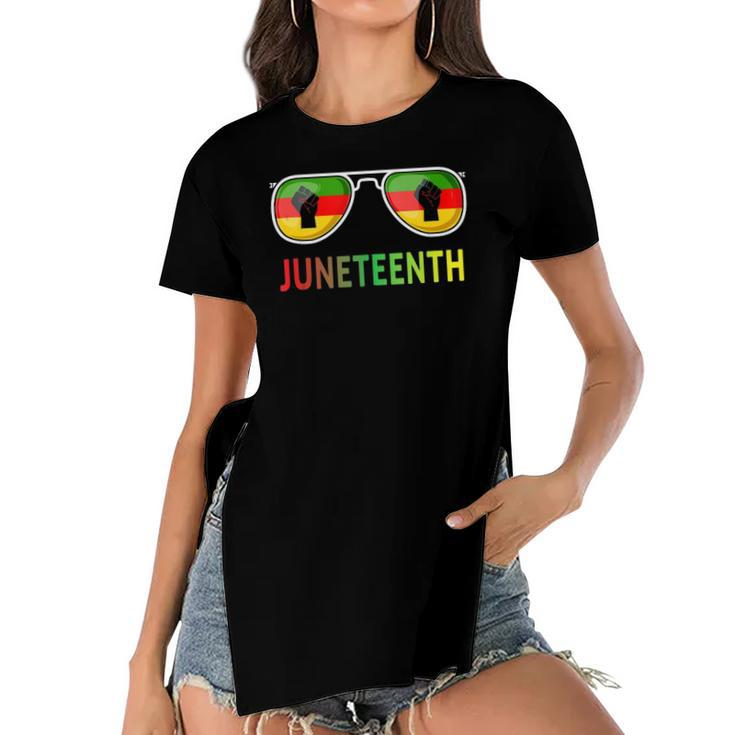 Juneteenth Sunglasses Black Pride Flag Fists Men Women  Women's Short Sleeves T-shirt With Hem Split